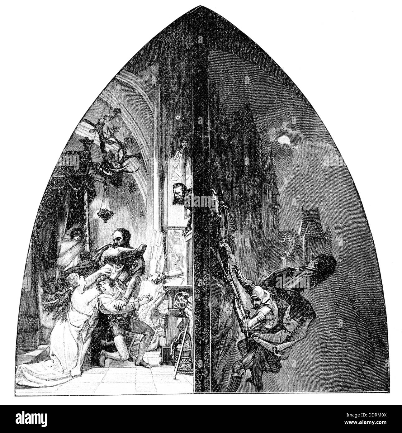 Justiz, Schwerverbrechen, Entführung, Entführung der sächsischen Fürsten 1455, Entführung von Fürst Ernest und Albrecht von Sachsen aus Altenburg, 8.7.1455, Holzstich, 19. Jahrhundert, Zusatzrechte-Freiräumungen-nicht vorhanden Stockfoto