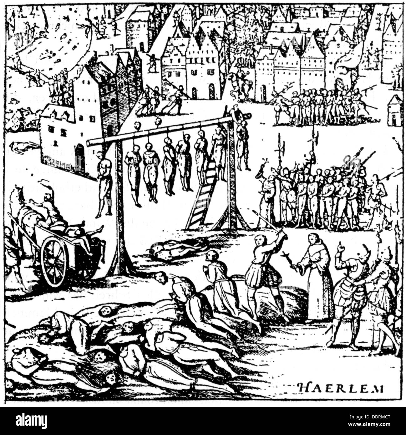 Gerechtigkeit, Inquisition, Massenhinrichtungen von der spanischen Inquisition, Haarlem, Kupferstich, 16. Jahrhundert, 16. Jahrhundert, Grafik, Grafiken, Gerichtsbarkeit, Gerichtshof, Gerichte, Religion, Religionen, Christentum, Katholizismus, Irrlehren, Ketzerei, Ketzer, überführen, Heiligen Offiziums, kirchliche Justiz, Todesstrafe, Galgen, Galgen, Gibbets, hängend, Hängen, Enthauptung, Niederlande, 80 Jahre "Krieg, der Niederländische Unabhängigkeitskrieg, Exekution, Massenhinrichtungen, historisch, historische, Personen, Artist's Urheberrecht nicht gelöscht werden Stockfoto