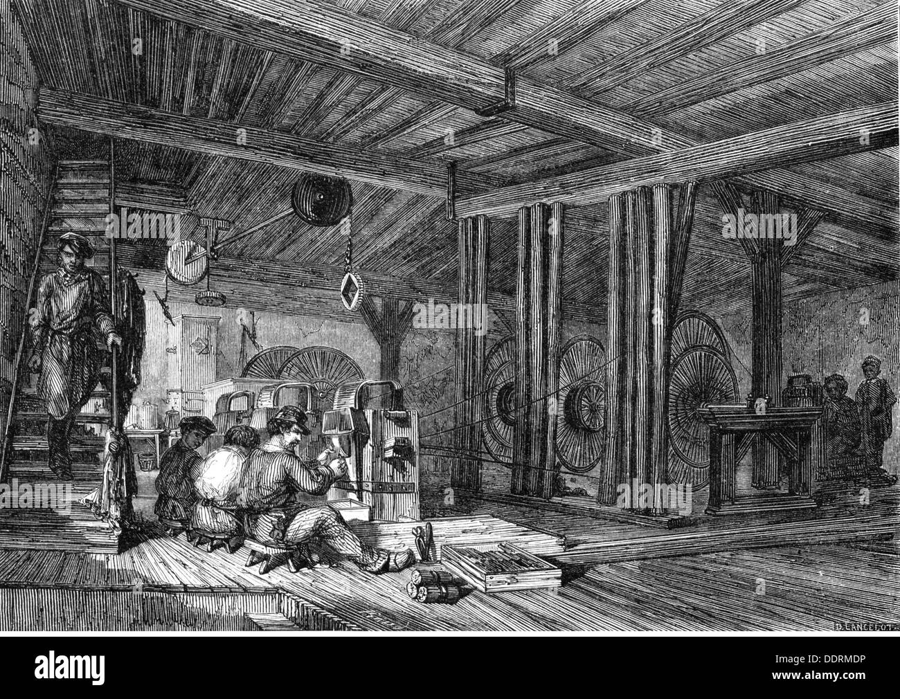 Industrie, Werkzeuge, Nadeln, Produktion, Schleifen, Holzstich, 'gasin pittoresque', Paris, um 1865, zusätzliche-Rechte-Clearences-nicht verfügbar Stockfoto