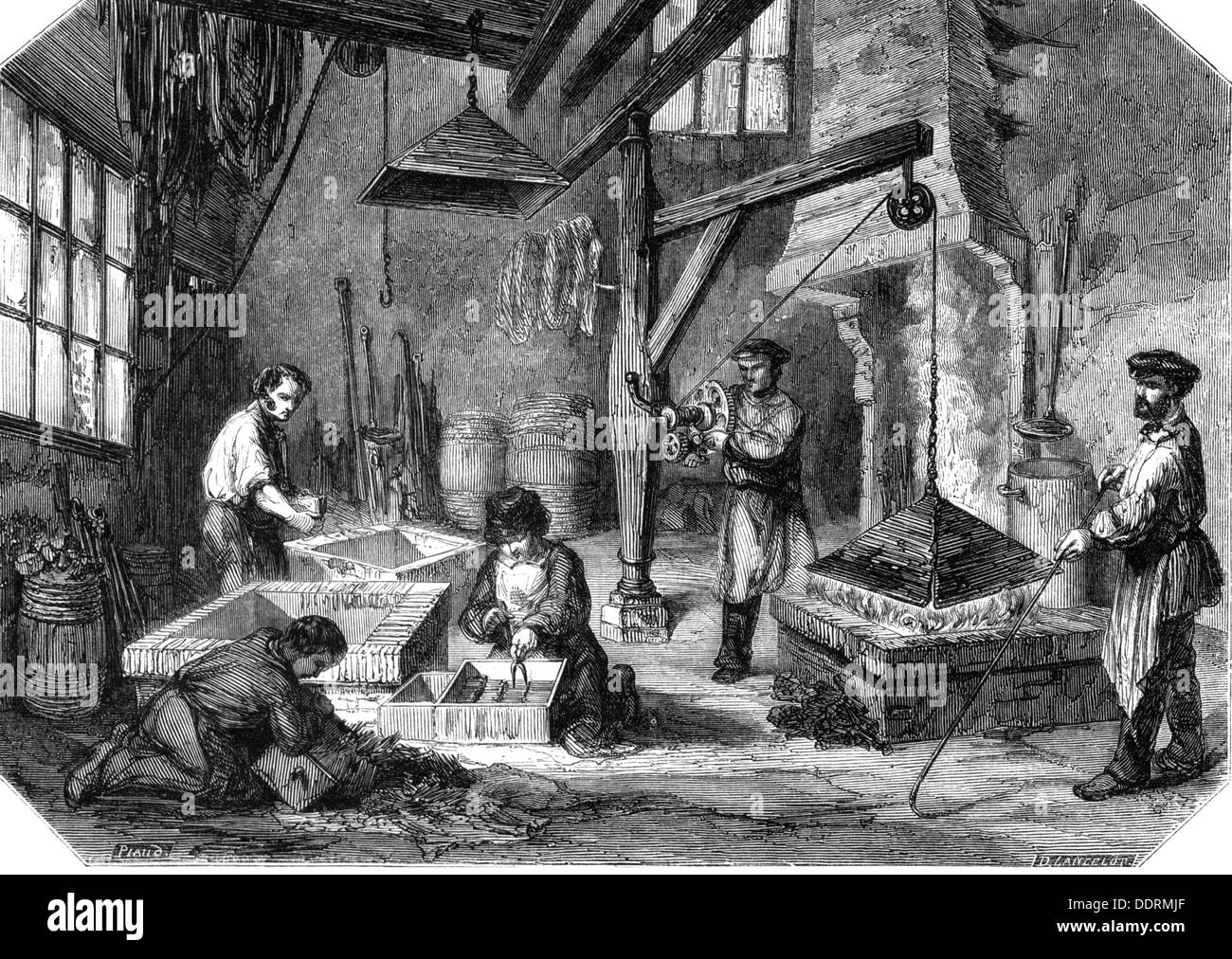 Industrie, Werkzeuge, Nadeln, Produktion, Fallhärtung, Holzstich, 'Masin pittoresque', Paris, um 1865, zusätzliche-Rechte-Clearences-nicht verfügbar Stockfoto