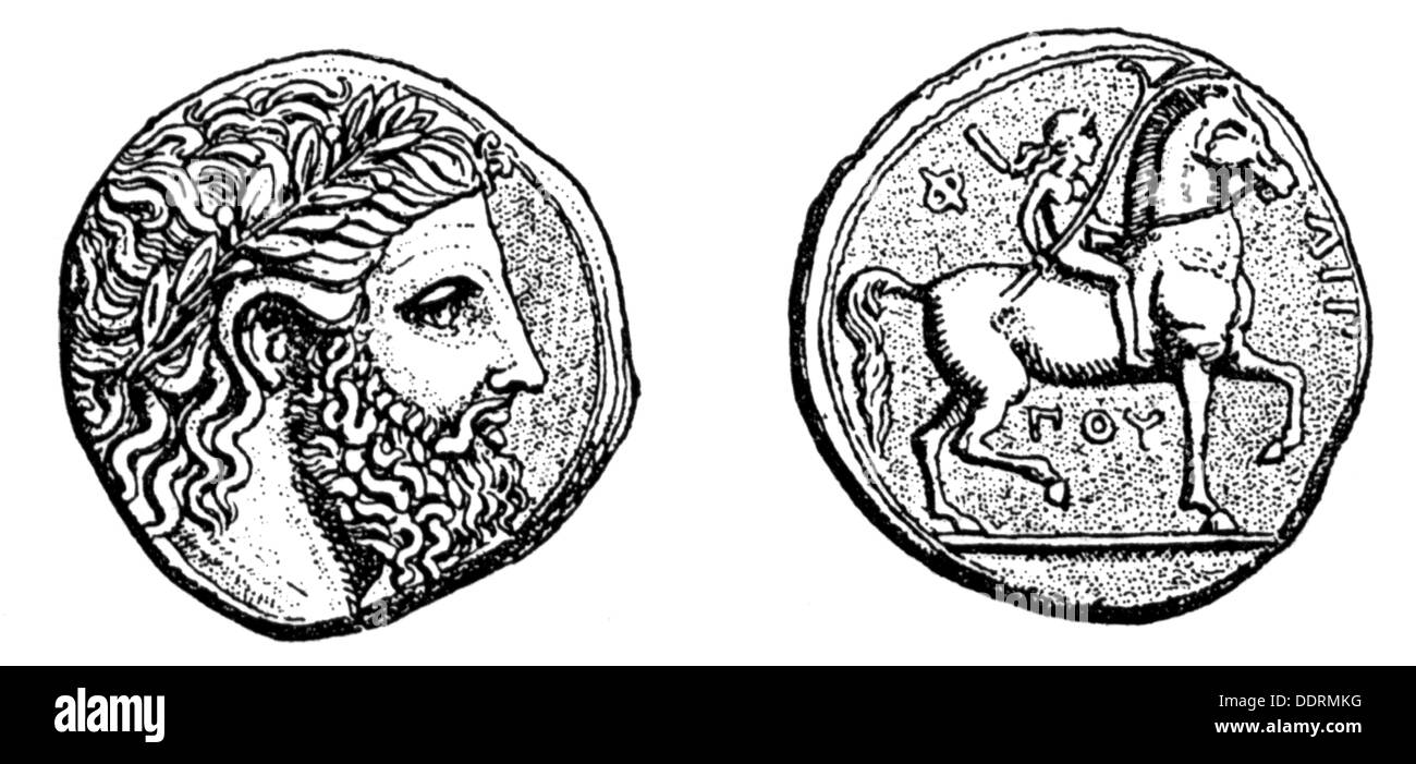 Geld / Finanzen, Münzen, Antike Welt, Griechenland, Münze von König Philipp II. Von Mazedonien, Erinnerung an den Sieg seiner Pferde bei den Olympischen Spielen 356 v. Chr., Vorderseite: Zeus-Porträt, Rückseite: Reiter mit Olivenzweig, Holzstich, 19. Jahrhundert, Olympische Spiele, Olympiade, Olympiade, Pferderennen, Pferderennen, Gott, Götter, Gottheit, Gottheit, Gottheiten, Griechenland, Sieg, Siege, Erfolge, Erfolge, Triumph, Triumphe, Antike Welt, alte Zeiten, Münze, Münzen, Pferd, Pferde, Reiter, Reiter, historisch, historische, alte Welt, Menschen, Zusatzrechte-Clearences-nicht vorhanden Stockfoto