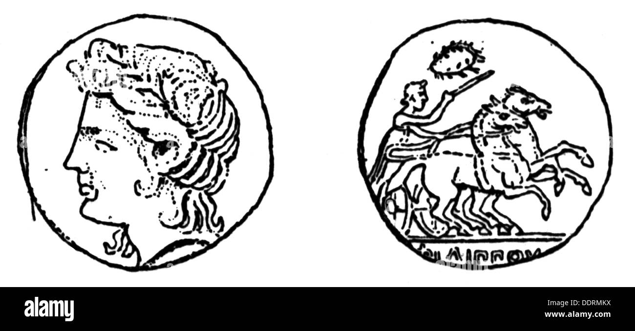 Geld / Finanzen, Münzen, Antike Welt, Griechenland, Münze von König Philipp II. Von Mazedonien, Erinnerung an den Sieg seiner Pferde bei den Olympischen Spielen 356 v. Chr., Vorderseite: Apollo-Porträt, Rückseite: Chariot, Holzstich, 19. Jahrhundert, Olympische Spiele, Olympiade, Chariot Rennen, Chariot Rennen, Gott, Götter, Gottheit, Gottheit, Gottheiten, Griechenland, Sieg, Siege, Erfolge, Erfolge, Triumph, Triumphe, Antike Welt, alte Zeiten, Münze, Münzen, Pferd, Pferde, Reiter, Reiter, historisch, historisch, Apollon, alte Welt, Menschen, Zusatzrechte-Clearences-nicht verfügbar Stockfoto