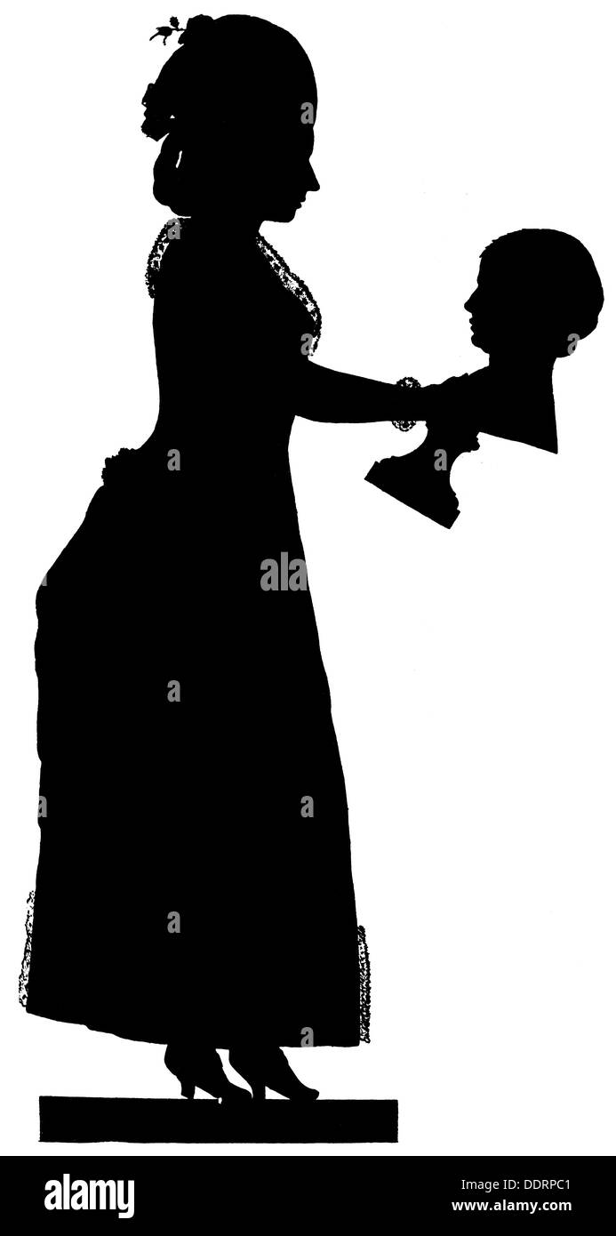 Stein, Charlotte von, 25.12.1742 - 6.1.1827, deutsche Dame-in-Waiting, volle Länge, mit Büste ihres Sohnes Fritz, Silhouette, 'Physiognomische Fragmente' von Johann Caspar Lavater, 2. Band, 1776, Stockfoto