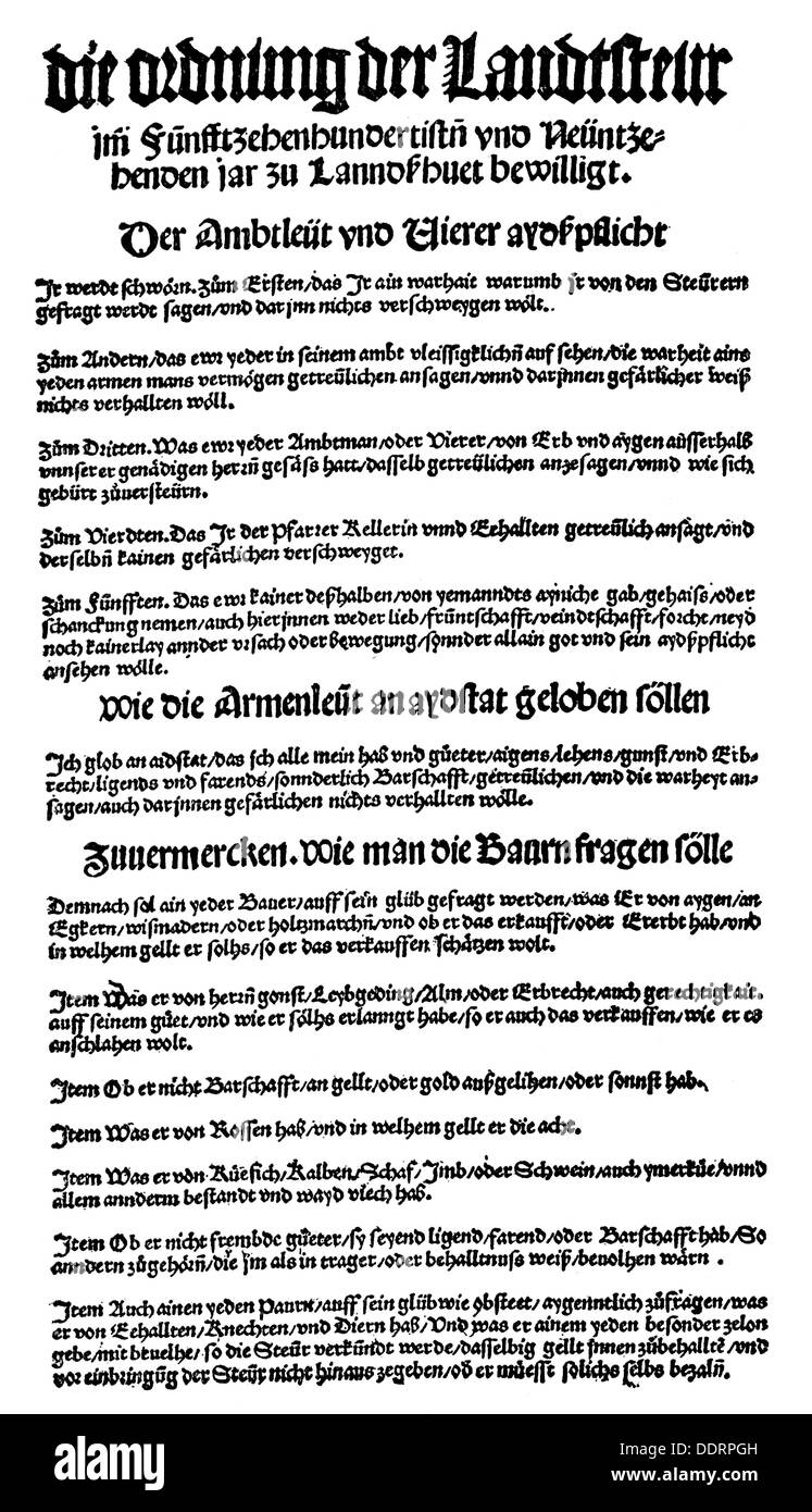 Geld / Finanzen, Zinsen und Steuern, Grundsteuer, Broadsheet, Druck: J.Weyssenburger, Landshut, 1519, Additional-Rights-Clearences-nicht vorhanden Stockfoto