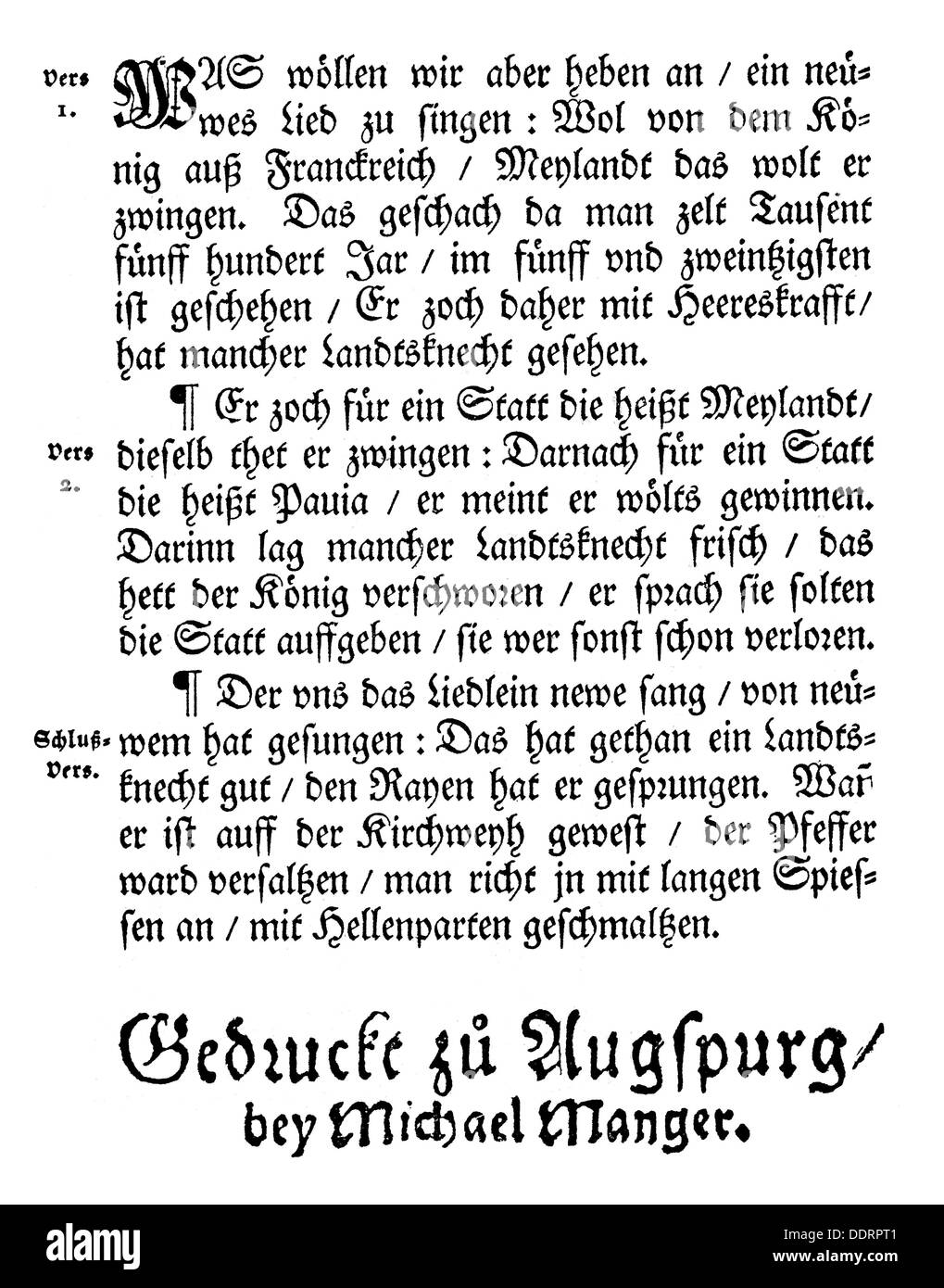 Militär, Lansquenzen, 'ein schön News Lied von der Schlacht von Pavia geschehen', Text, Druck: Michael Manger (+ 1603), Augsburg, 16. Jahrhundert, Additional-Rights-Clearences-not available Stockfoto