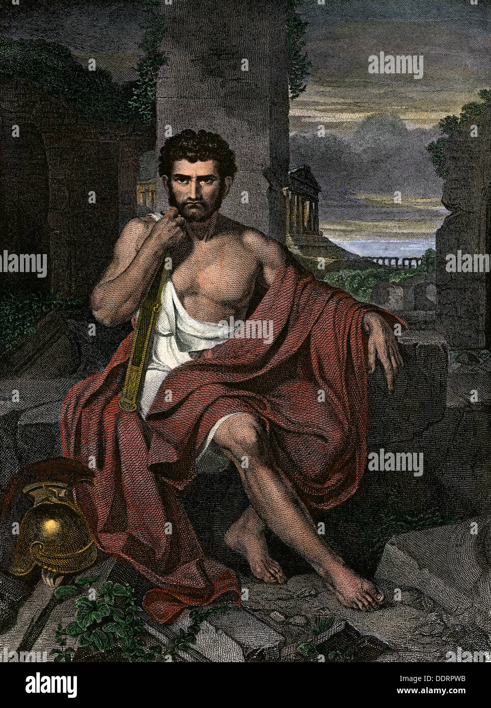 Marius im Exil inmitten der Ruinen von Karthago. Hand - farbige Gravur Stockfoto