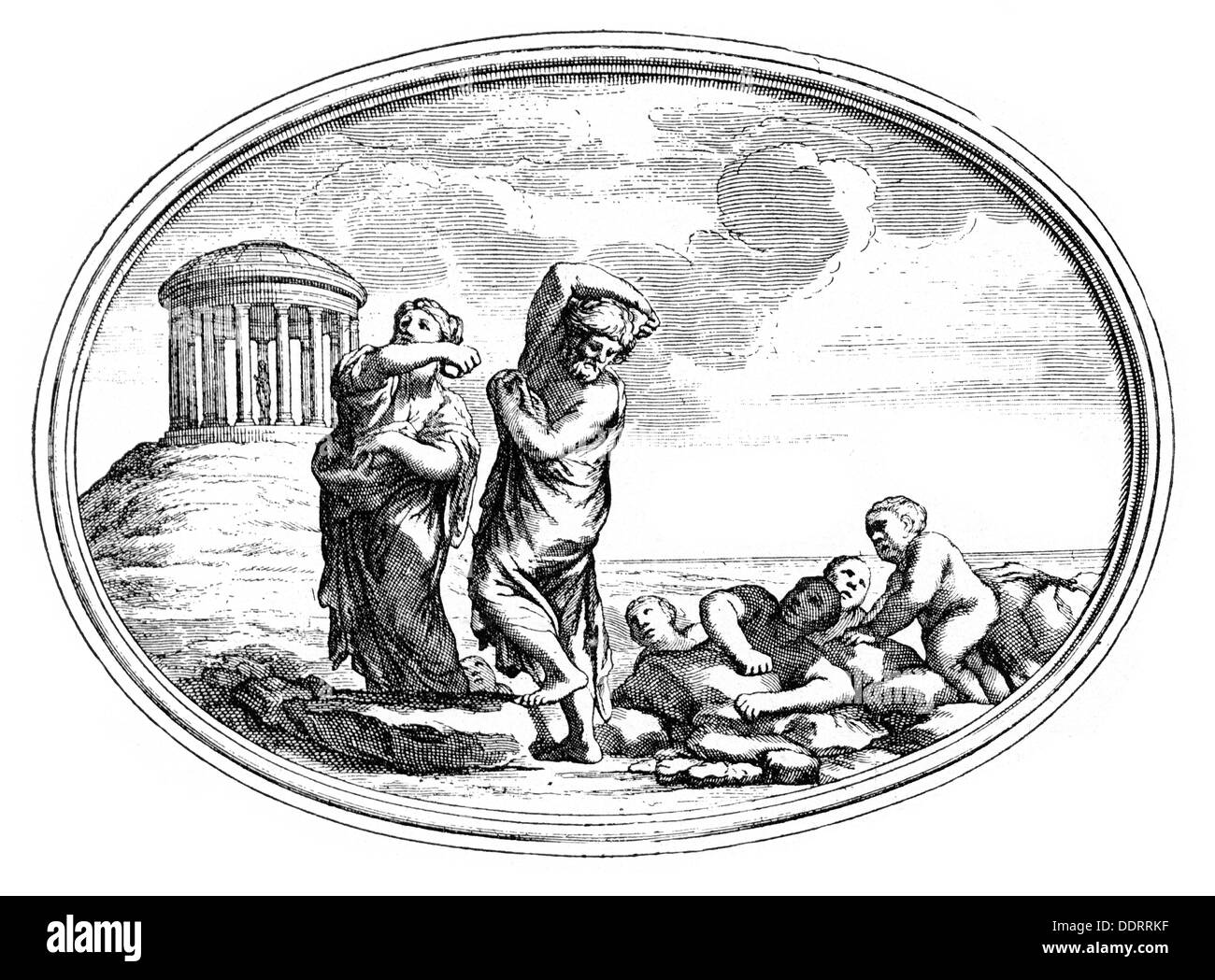 Literatur, griechische Mythologie, Deucalion und Pyrrha, nachdem Pietro da Cortona (1596-/1597-1669), Kupferstich, 17. Jahrhundert, 17. Jahrhundert, Antike, antike, Grafik, Grafiken, Mythos, Mythen, halbe Länge, stehen, werfen, werfen, Steine, Schöpfung, Kreationen, erstellen, erstellen, Menschen, Legende, Geschichte, Legenden, Sagen, Griechisch, Griechische, historisch, historische, Mann, Männer, Mann, Frau, Frauen, weiblich, Antike, Artist's Urheberrecht nicht geklärt zu werden. Stockfoto