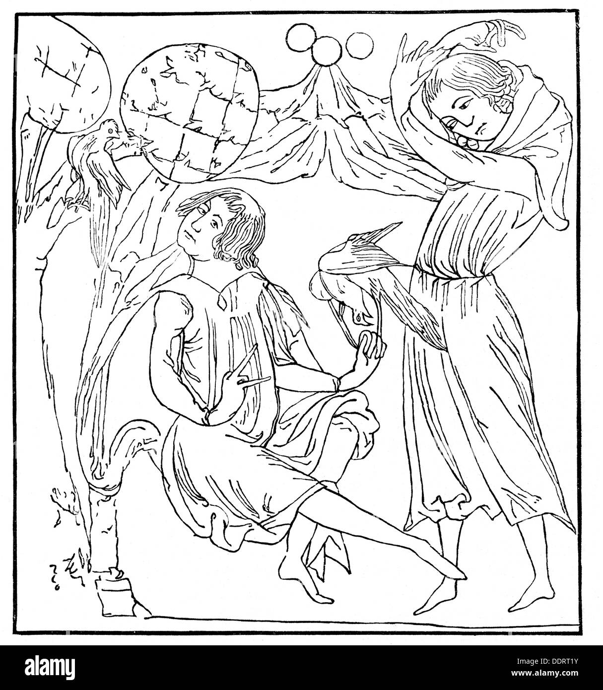 Nach der Miniatur der Münchner Handschrift, Holzgravur, 19. Jahrhundert, hatte der deutsche Autor/Schriftsteller, Oevre, Tristan, seine Mutter Riwalin, eine Liebesbeenderung. Stockfoto