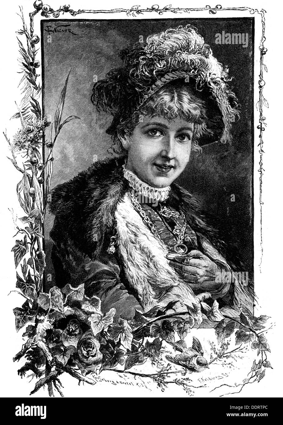 Mode, 19. Jahrhundert, Frau mit Plumemhut und Fell, nach Zeichnung von P.Wagner, Holzstich von Kaeseberg & Oertel, aus: Adolf Brennecke, 'im Wechsel der Tage', 3. Auflage, F.Hirt und Sohn, Leipzig, 1885, Additional-Rights-Clearences-not available Stockfoto