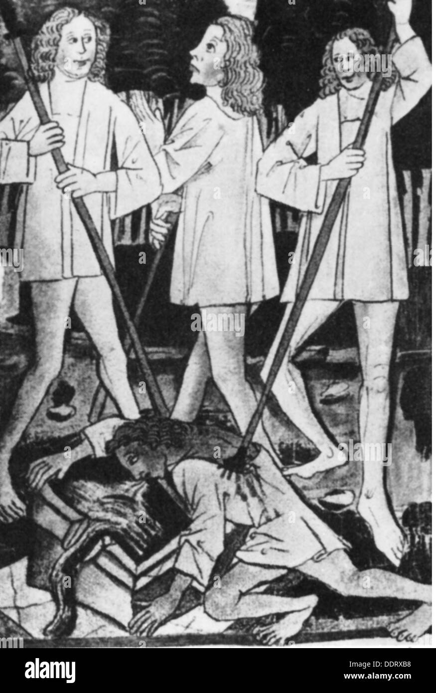 Literatur, die Nibelungen, Siegfried-Tod, Illustration aus Handschrift K, 1480 / 1490, Zusatz-Rechteklärung-nicht vorhanden Stockfoto