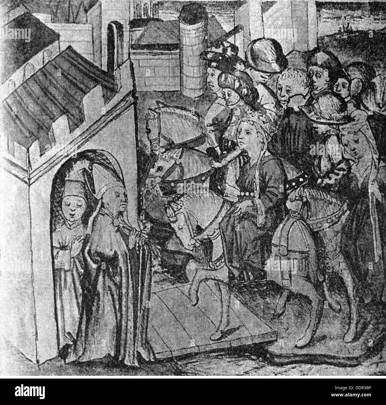 Literatur, Nibelungen, Kriemhild wird zu König Etzel geführt, Illustration aus der Hündeshagen-Handschrift B, Augsburg, um 1436 - 1442, Zusatzrechte-Clearences-nicht vorhanden Stockfoto