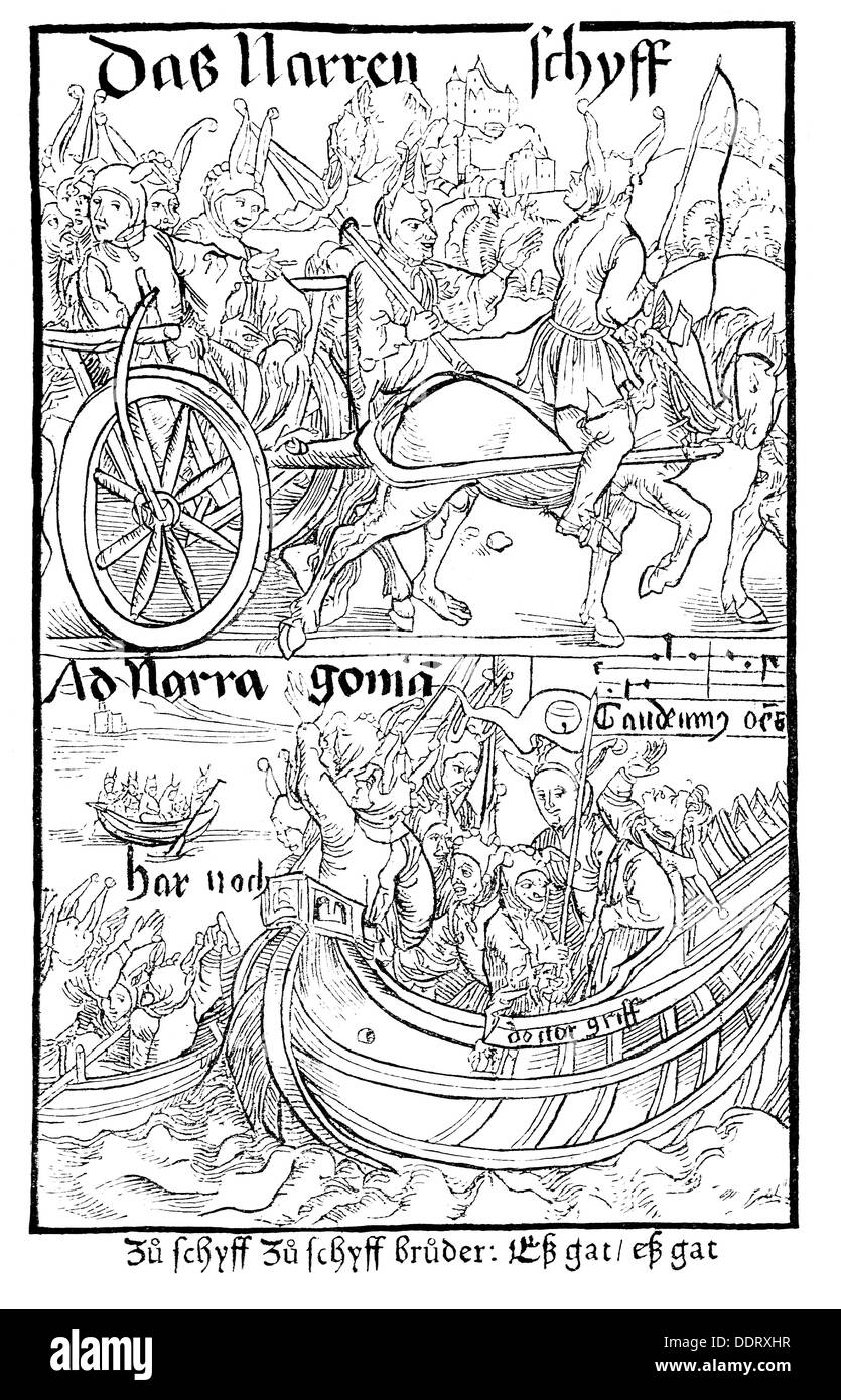 Literatur, das Narrenschiff von Sebastian Brent (1457 - 1521), Titel, Holzschnitt, Druck: Johann Bergmann von Olpe, Basel, 1494, Additional-Rights-Clearences-not available Stockfoto