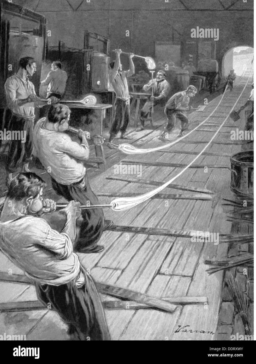 Industrie, Glasindustrie, Herstellung von Glasröhren für Thermometer, Holzstich, aus: Robby August Kossmann, 'ann und Weib', Union deutsche Verlagsgesellschaft, Stuttgart, 1890, Additional-Rights-Clearences-not available Stockfoto