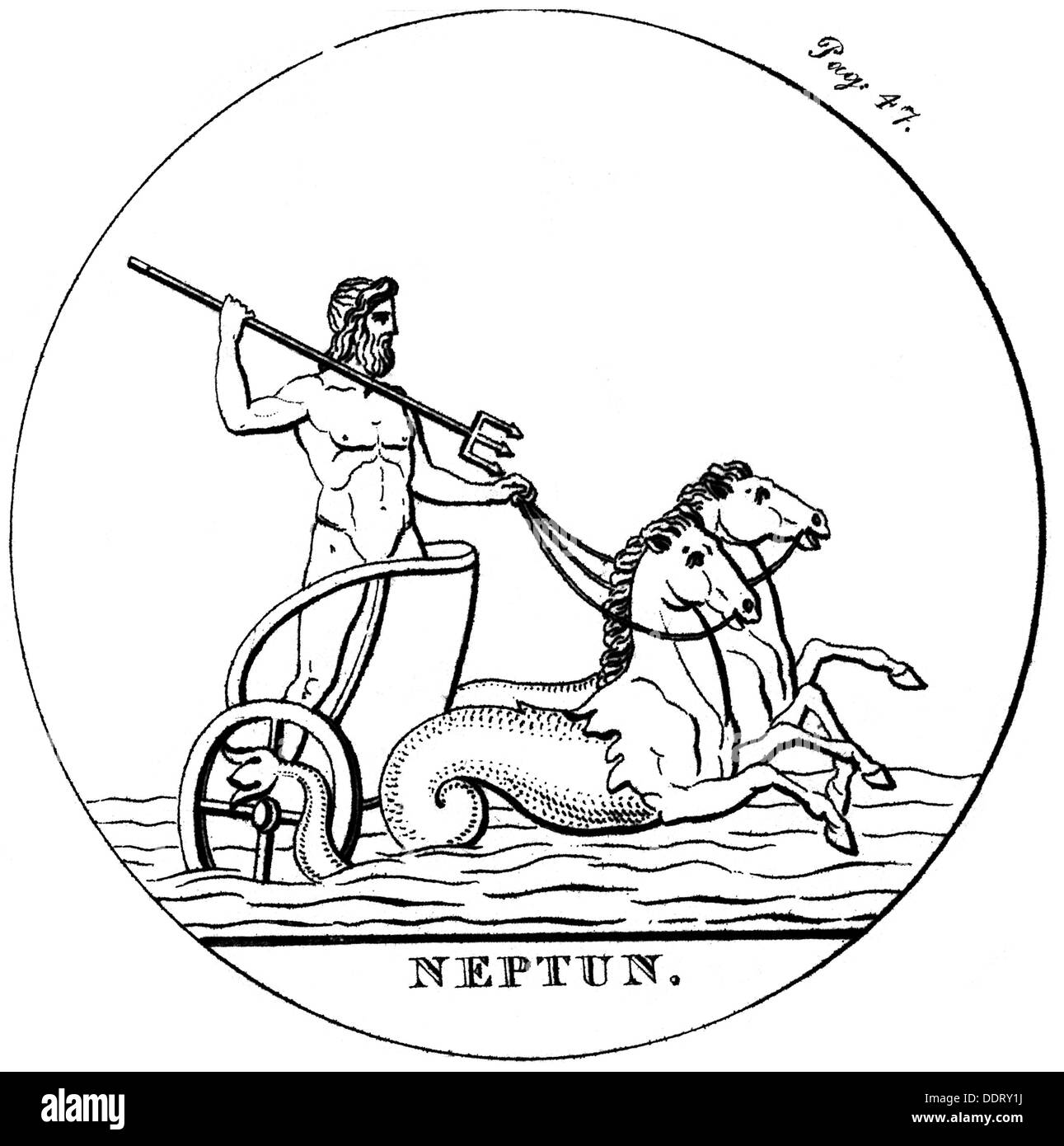 Poseidon (lateinischer Neptun), der griechische Gott des Wassers und des Meeres, auf dem Wagen, Holzgravur, 19. Jahrhundert, Stockfoto