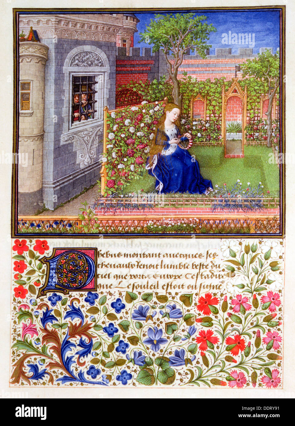 Die Gefangenen hören Emily Gesang in den Garten, 1340-1341. Künstler: unbekannt Stockfoto