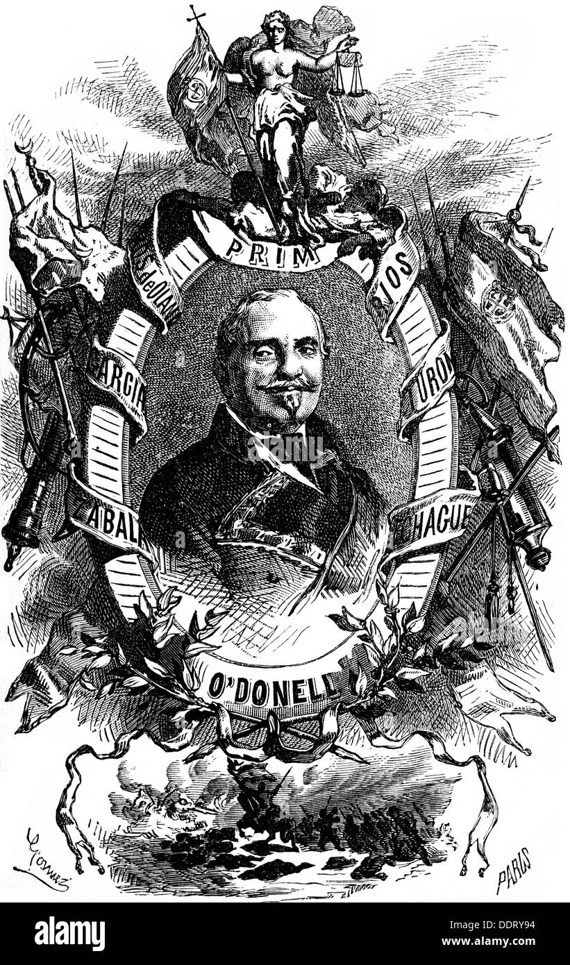 O'Donnell y Jorris, Leopoldo, 12.1.1809 - 5.11.1867, spanischer General und Politiker, präsident der Regierung 1856, 1858 - 1865 und 1865 - 1866, Porträt, Holzgravur, 2. Hälfte 19. Jahrhundert, Stockfoto