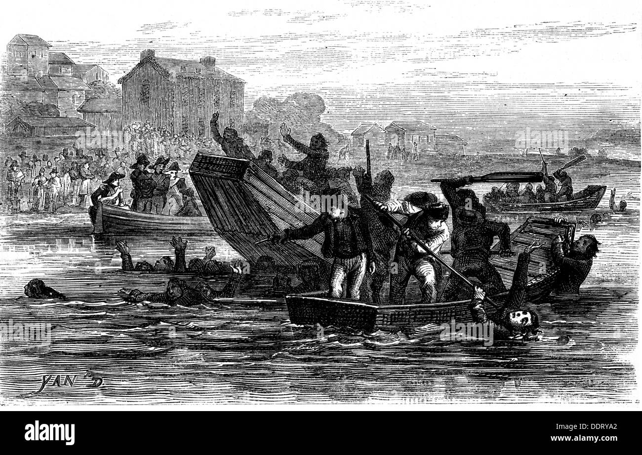 Französische Revolution 1789 - 1799, Aufstand der Vendee, Massenhinrichtung katholischer Geistlicher durch Ertrinken in der Loire, Nantes, 16. / 17,11.1793, Holzstich, 19th Jahrhundert, Mönch, Mönche, Priester, Priester, Jakobiner, Jakobiner, Jakobiner-Club, Herrschaft des Terrors, Entchristlichung, erste Republik, Fluss, Flüsse, Noyades, Pays de Loire, Frankreich, 18th Jahrhundert, Revolution, Revolutionen, Aufstand, Aufstand, Aufstände, Massenhinrichtung, Massenhinrichtungen, Kaplan, Seelsorger, ertrinken, ertrinken, Drawning, historisch, historisch, Vendée, Menschen, Additional-Rights-Clearences-Nicht Verfügbar Stockfoto