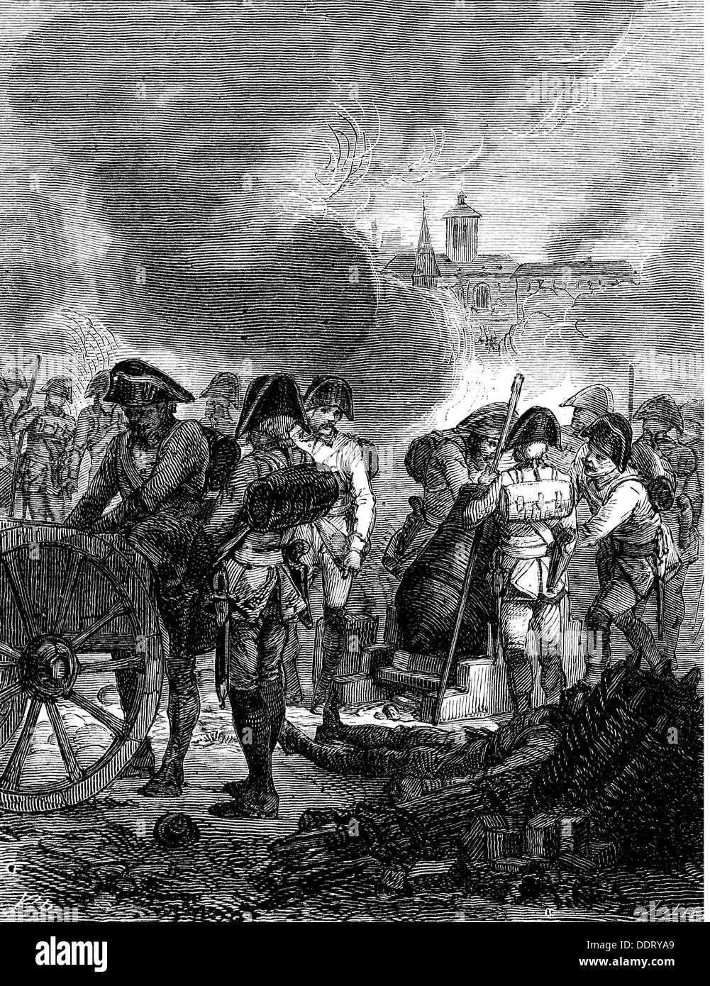 Krieg der Ersten Koalition 1792 - 1797, Belagerung von Lille, 20.4. - 8.10.1792, Österreichische Artillerie, Holzstich, 19. Jahrhundert, Soldaten, Soldaten, Militär, Artilleristen, Artilleristen, Österreicher, Frankreich, Flandern, Gewehr, Kanonen, Mörser, Bombenangriff, Luftangriff, Bombenangriffe, Luftangriffe, Bombardierungen, Bombardierungen, Krieg, revolutionäre Kriege, Revolutionskriege, Österreich, 18. Jahrhundert, 1., Belagerung, Belagerung, historische, historische, historische, historische, Menschen, Zusatzrechte-Clearences-nicht verfügbar Stockfoto