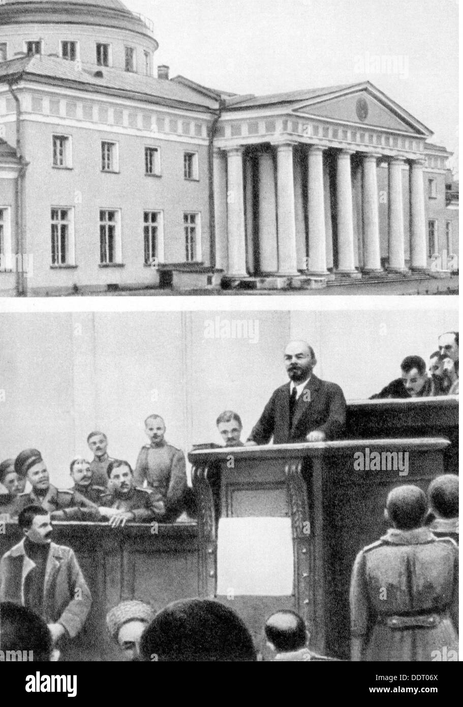 Lenin (Wladimir Iljich Uljanow), 22.4.1870 - 21.1.1924, russischer Politiker, halbem Redebeitrag und Tauride-Palast in Sankt Petersburg, wo er seine Aprilthesen am 17.4.1917, Postkarte, 1965, bekannt gab Stockfoto