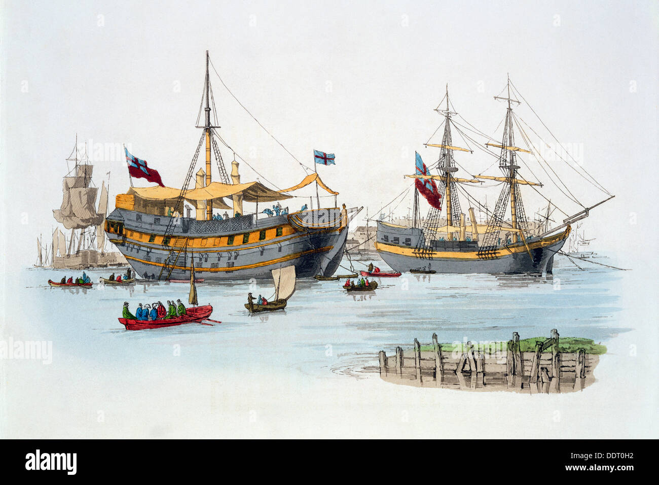 Gefängnis Schiffe, 1805. Künstler: William Henry Pyne Stockfoto