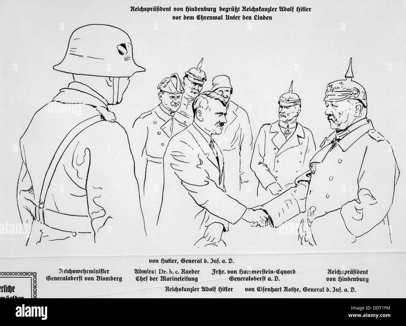 Adolf Hitler Händeschütteln mit Präsident von Hindenburg auf der State of Honour 1934. Künstler: unbekannt Stockfoto