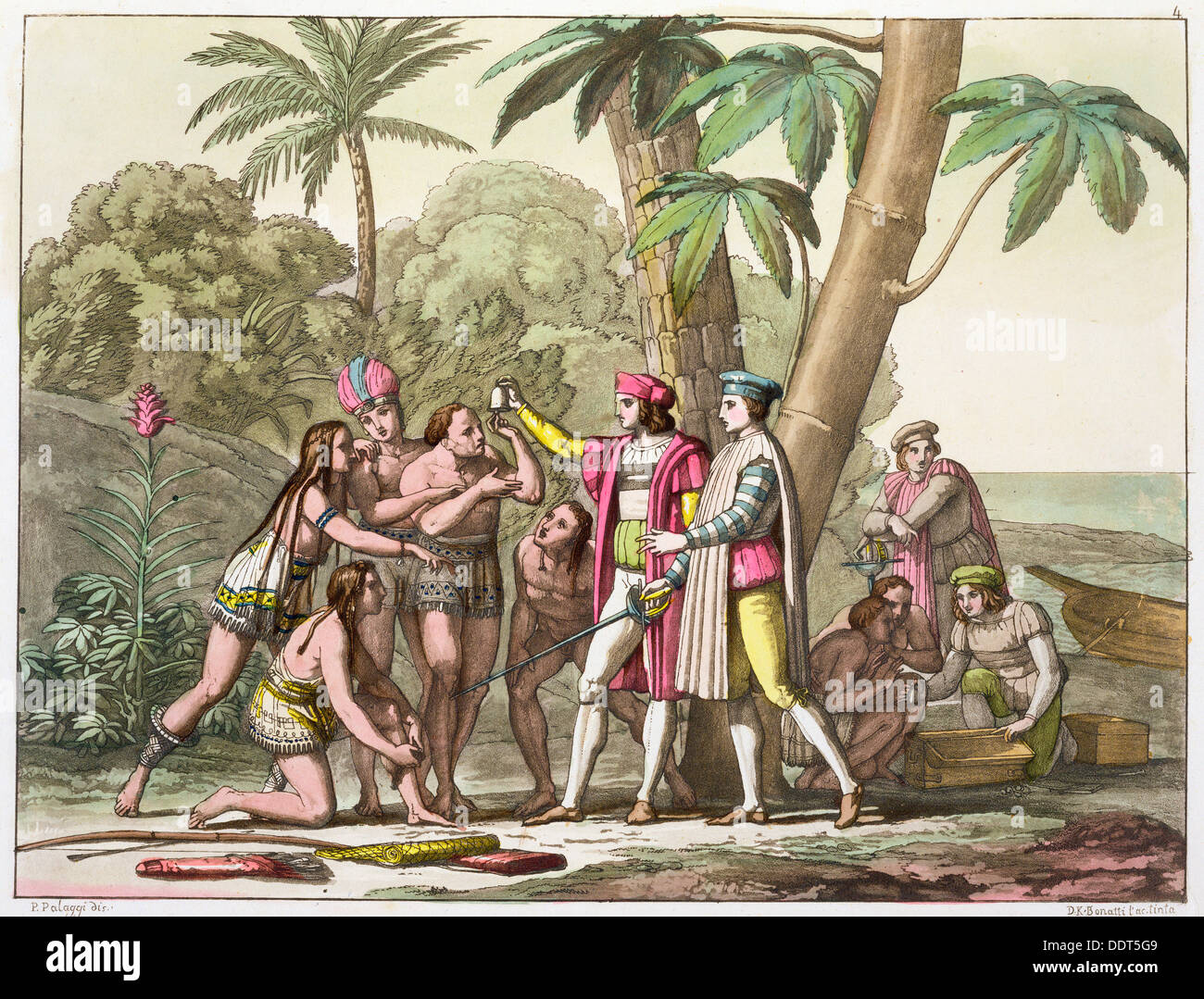 Christopher Columbus mit Native Americans, 1492-1503 (c1820-1839). Künstler: DK Bonatti Stockfoto