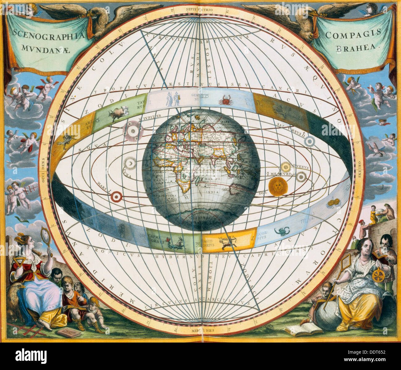 Karte mit Tycho System der planetarischen Bahnen um die Erde, 1660-1661. Künstler: Andreas Cellarius Stockfoto