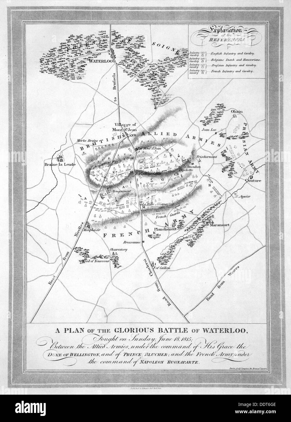 "Ein Plan von der glorreichen Schlacht bei Waterloo", 1815 (19. Jahrhundert). Künstler: unbekannt Stockfoto