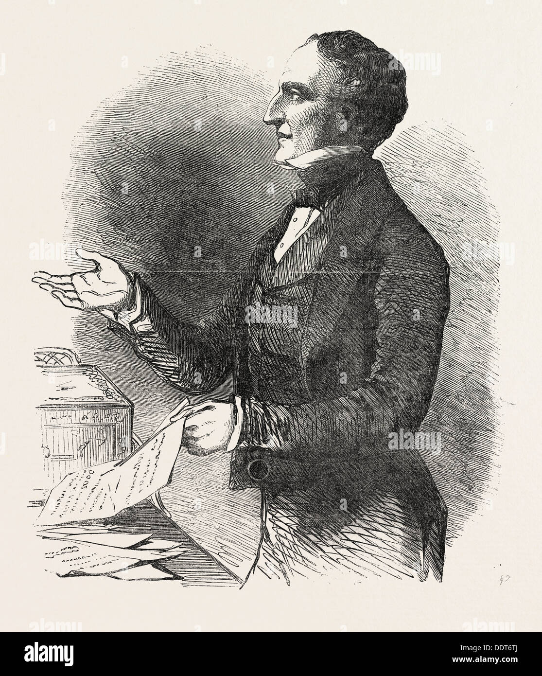 DER CHANCELLOR OF THE EXCHEQUER (RICHTIGE HON SIR CHARLES HOLZ) EINFÜHRUNG DES HAUSHALTS IM HOUSE OF COMMONS, LONDON, UK, 1851 Stockfoto