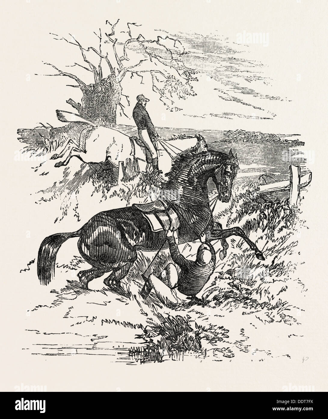 FALLING OFF A Pferd während A STEEPLE CHASE, Pferd, SPORT, Galopp, KIRCHTURM-Jagd, Rennstrecke, HIPPODROM, RACING, 1851-Gravur Stockfoto
