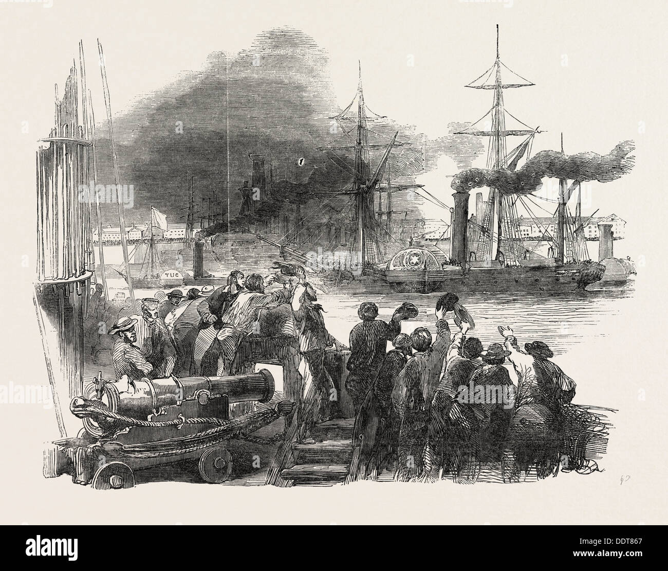 DEPARTURE OF THE STEAMSHIP Singapur mit Truppen für THE CAPE, 1851 Gravur Stockfoto