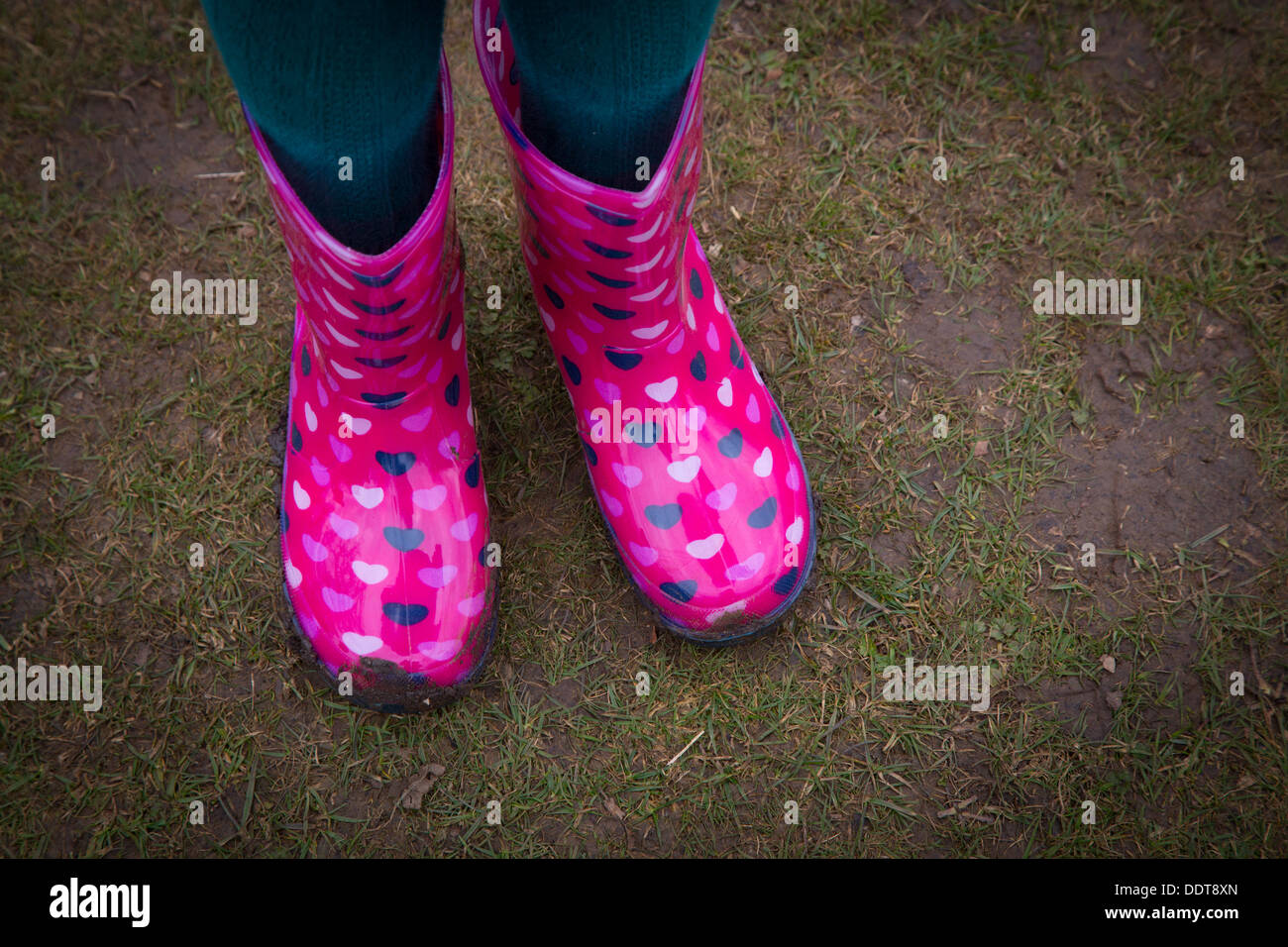 Junge Mädchen tragen rosa Gummistiefel Stockfoto