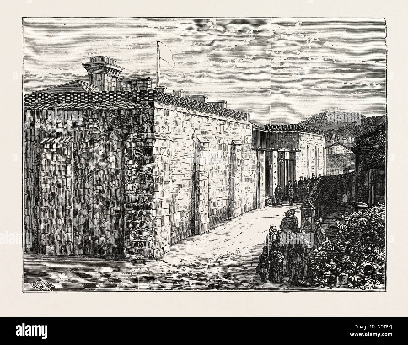 ANGLESEY COUNTY JAIL, BEAUMARIS, hissen die weiße Fahne, UK, 1873-Gravur Stockfoto