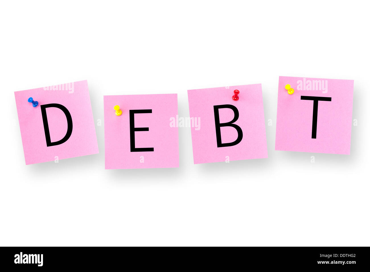 Schulden auf weißem Hintergrund geschrieben. Stockfoto