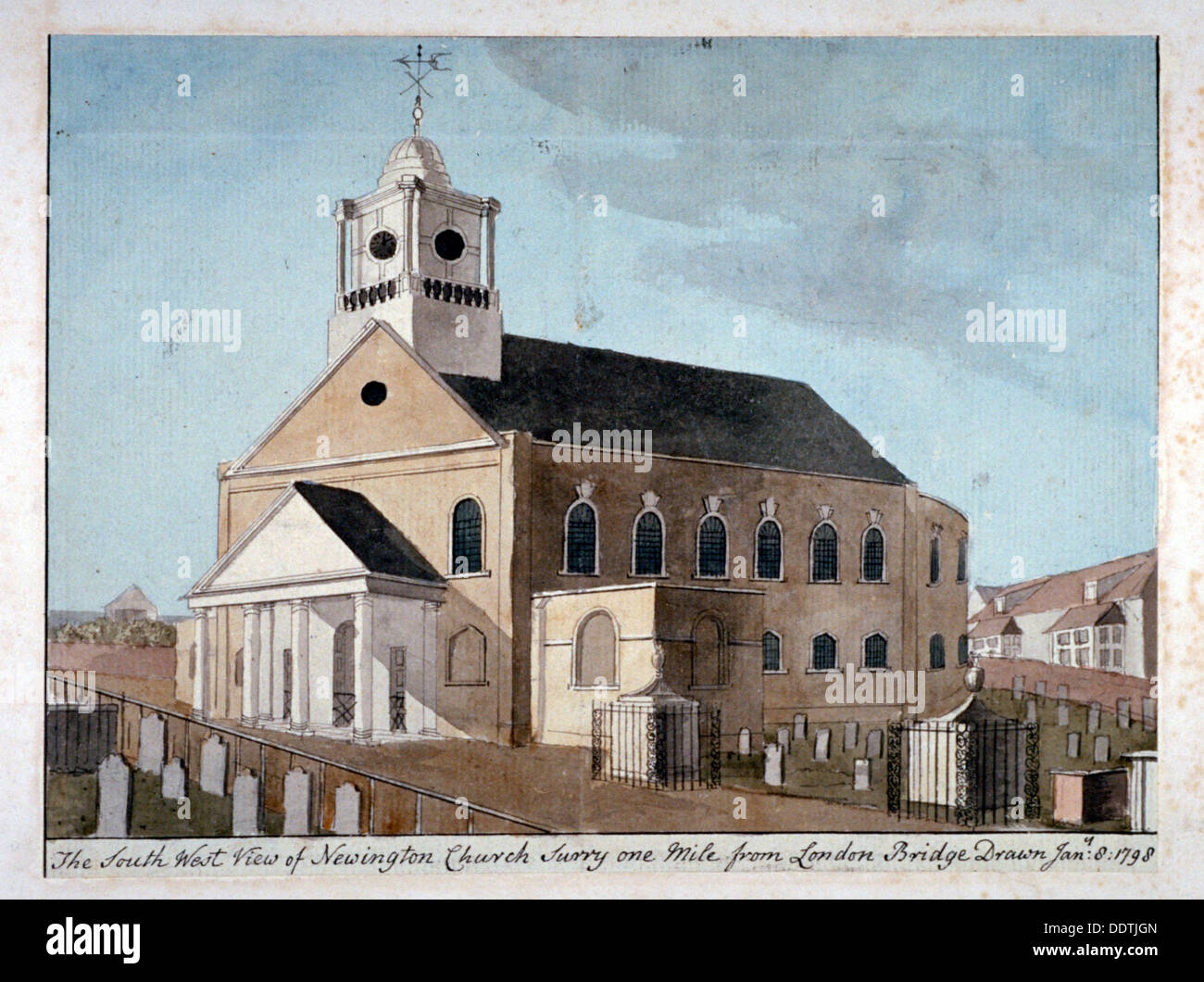 Südwest-Blick auf die Kirche von Str. Mary Newington, Newington Butts, Southwark, London, 1798. Künstler: Anon Stockfoto