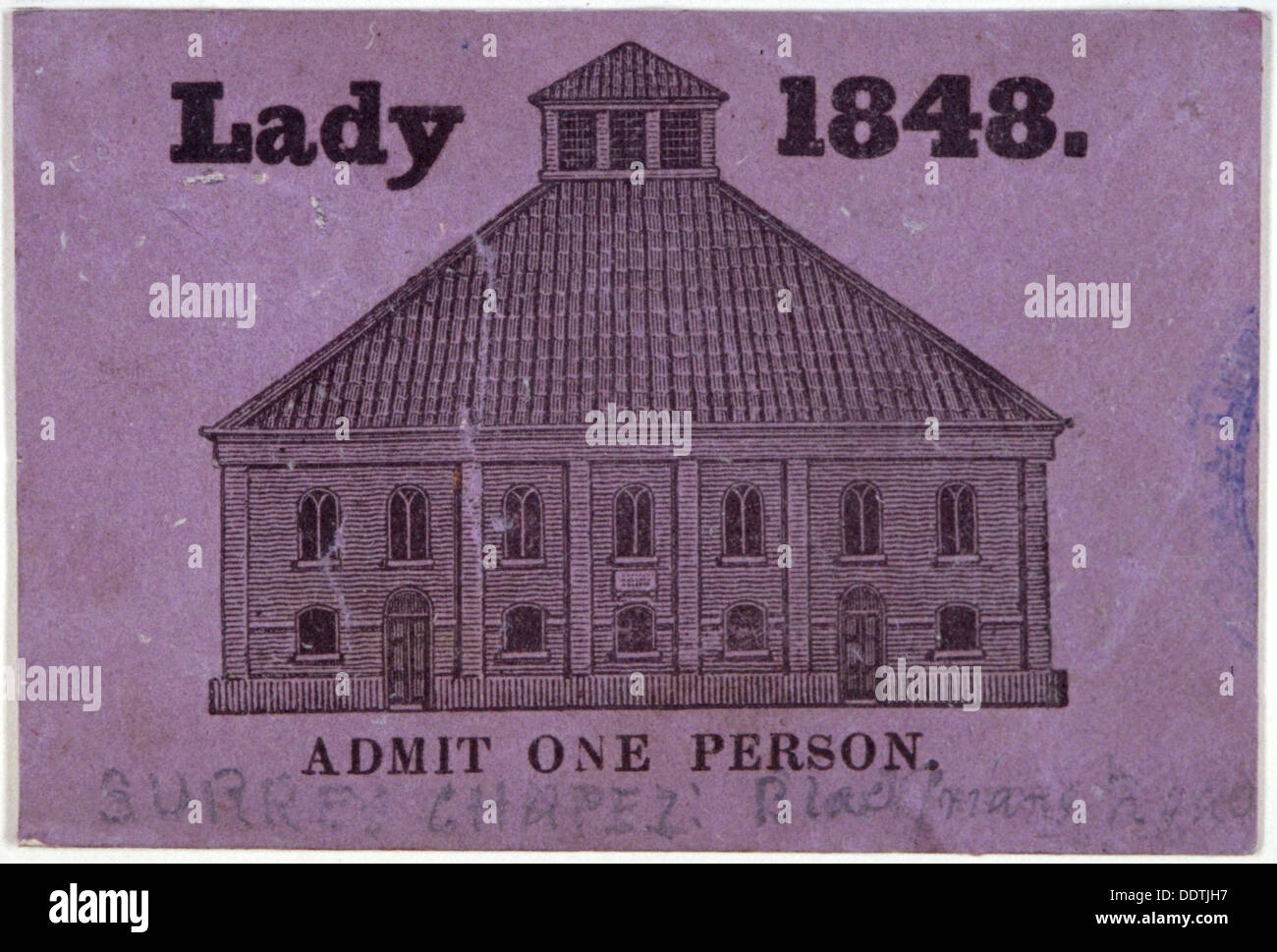 Ein Ticket für die Zulassung für eine Dame zu Surrey Kapelle, Blackfriars Road, Southwark, London, 1848. Künstler: Anon Stockfoto