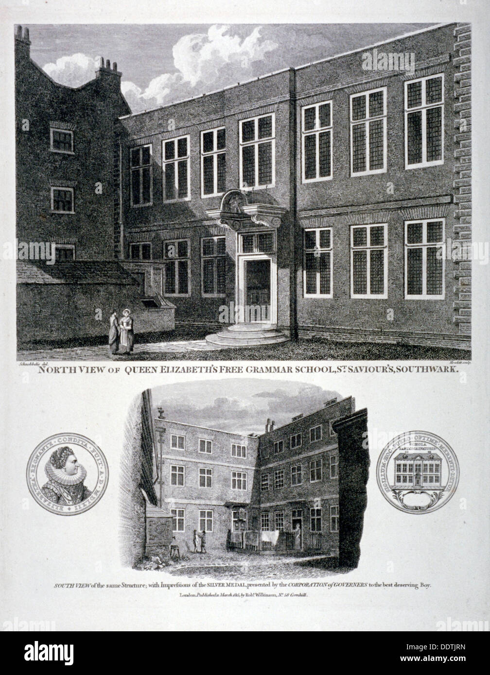 Freie Gymnasium Königin Elizabeth St Saviour Kirchhof, Southwark, London, 1815. Künstler: G Howlett Stockfoto