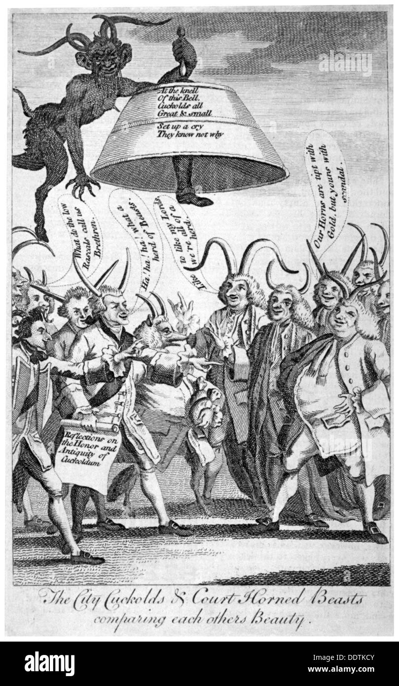 "Die Stadt Cuckolds & Court gehörnten Bestien gegenseitig ihre Schönheit zu vergleichen", 1770. Künstler: Anon Stockfoto