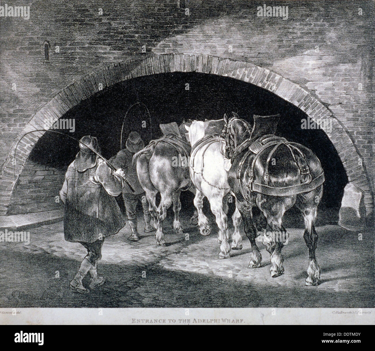Eingang zum Adelphi Kai zeigt Arbeitspferde und zwei Männer, Westminster, London, c1850. Künstler: Charles Joseph Hullmandel Stockfoto