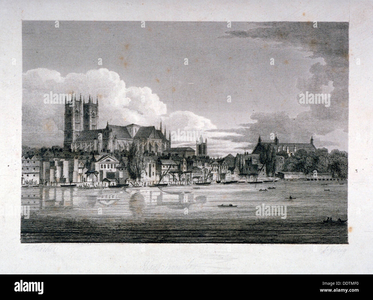 Westminster Abbey aus der Themse, London, 1804. Künstler: John Greig Stockfoto