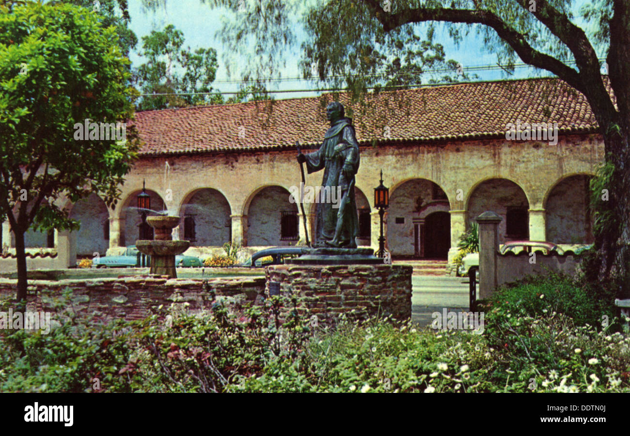 Mission San Fernando und Pater Junipero Serra Statue, Los Angeles, Kalifornien, USA, 1956. Artist: Unbekannt Stockfoto