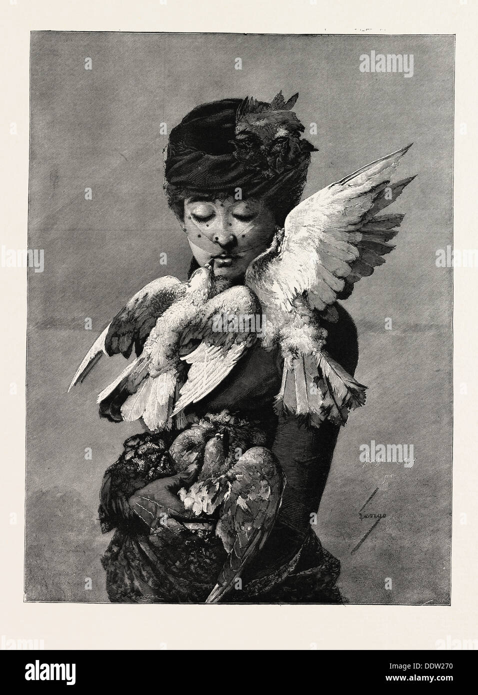 LADY UND TAUBEN, MODE, GRAVUR 1882 Stockfoto