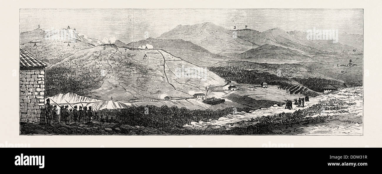DER Bürgerkrieg IN Spanien: Schlacht von GALDAMES, 30. April 1874, Blick von den Höhen des MONTELLANO: 1. Galdames Berge Stockfoto