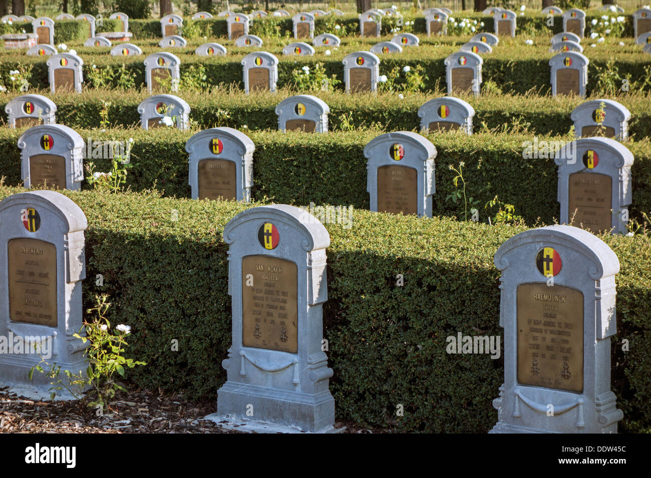 Ersten Weltkrieg ein Gräber der gefallenen WW1 auf dem belgischen Militär Friedhof am Ramskapelle, West-Flandern, Belgien Stockfoto