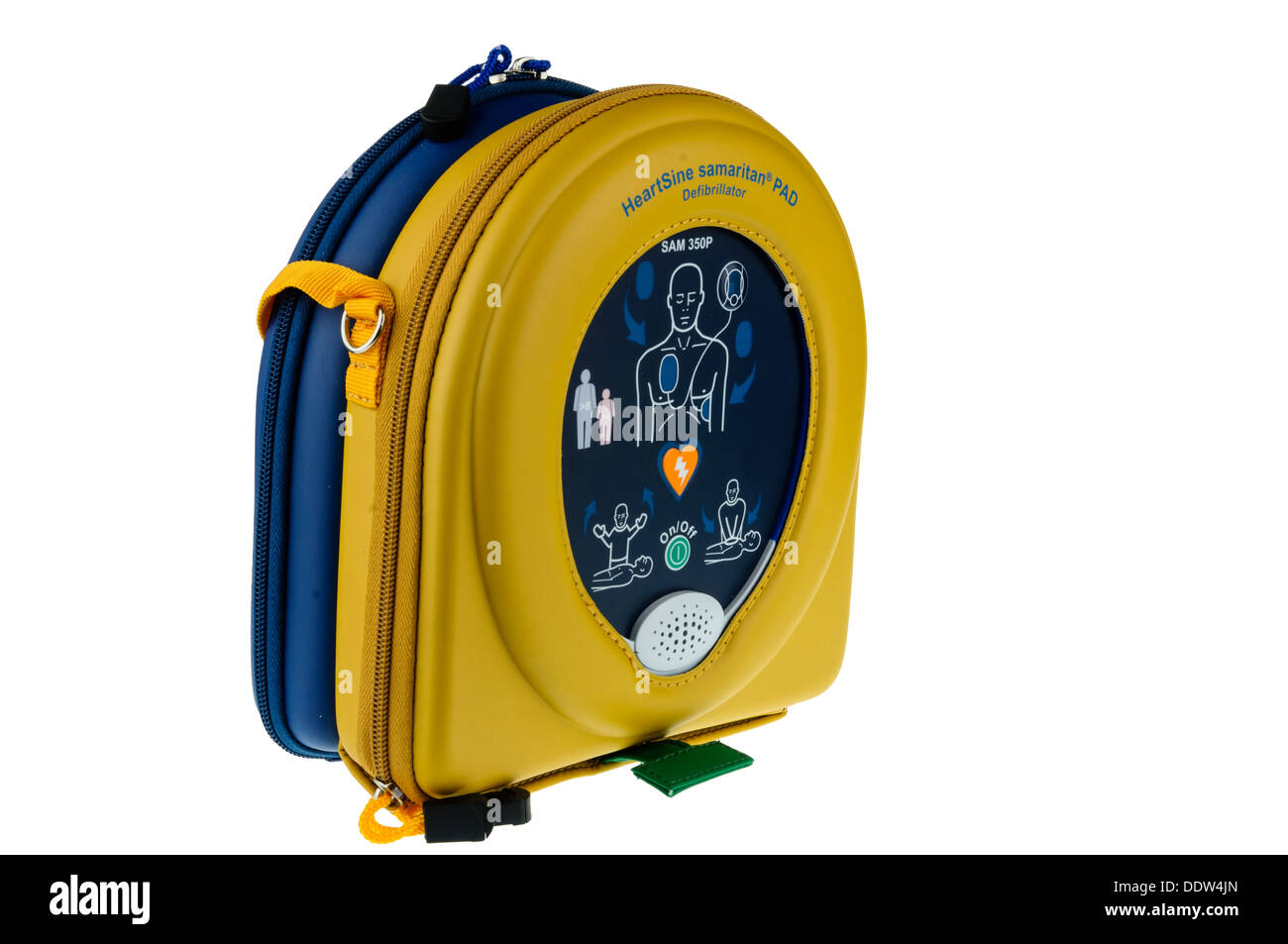 Automatischen Defibrillator Heartsine SAM350P in einem gelben Fall Stockfoto