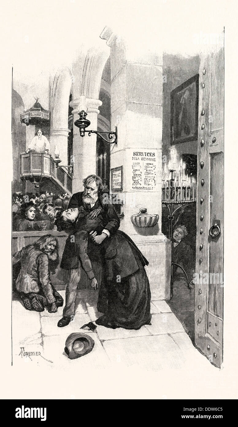 Zog sie an die Tür der Kirche, aber mit ihrem Fuß auf die Stufe schwankte und fiel in Medaillon der Arme, 1893-Gravur Stockfoto