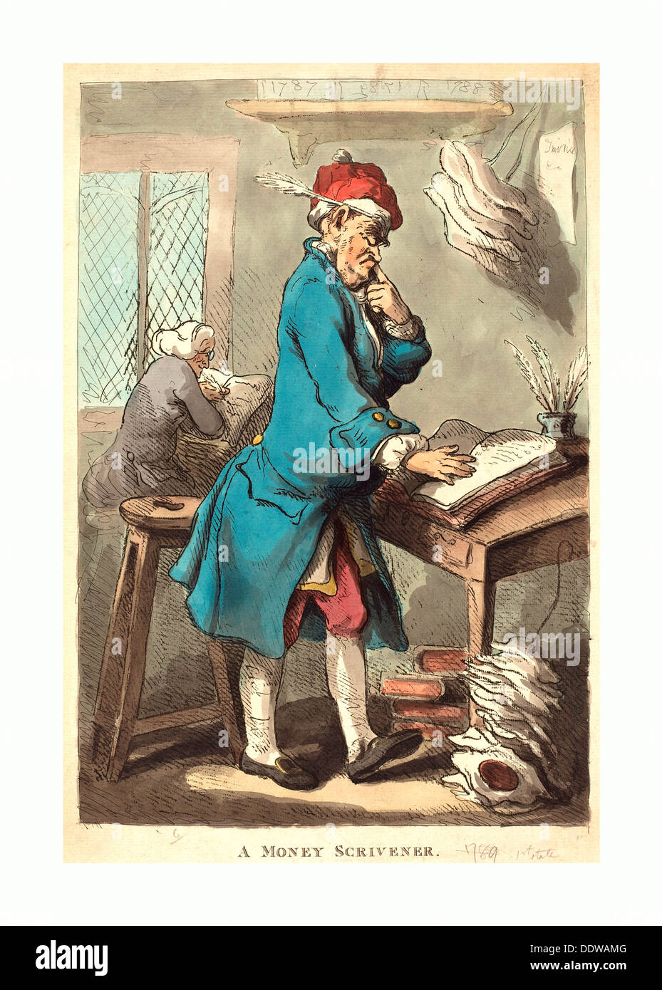 Thomas Rowlandson (British, 1756-1827), A Geld Scrivener, 1801, handkolorierten Radierung Stockfoto Thomas Rowlandson (British, 1756-1827), A Geld Scrivener, 1801, handkolorierten Radierung Stockfoto