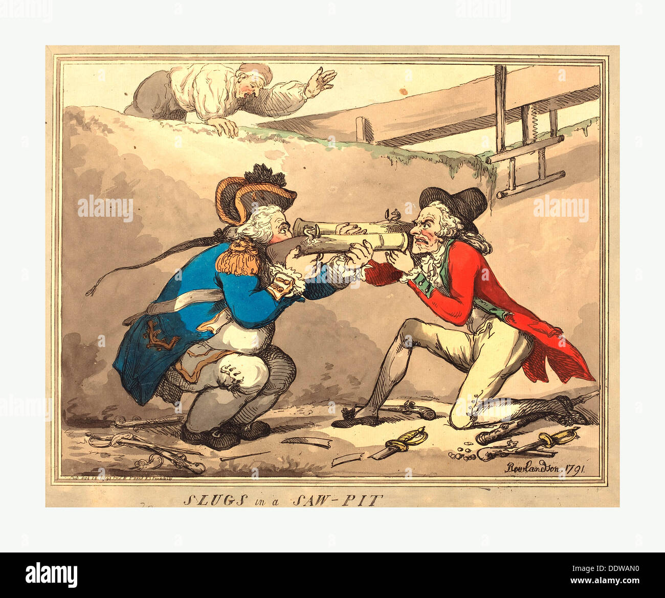Thomas Rowlandson (British, 1756-1827), Schnecken in einem Sawpit, 1791, handkolorierten Radierung Stockfoto Thomas Rowlandson (British, 1756-1827), Schnecken in einem Sawpit, 1791, handkolorierten Radierung Stockfoto