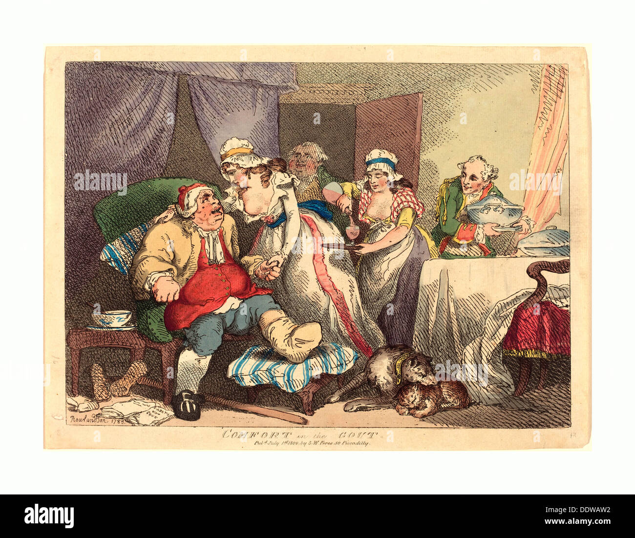 Thomas Rowlandson (Britisch, 1756-1827), Komfort bei der Gicht, 1785, handkolorierten Radierung Stockfoto Thomas Rowlandson (Britisch, 1756-1827), Komfort bei der Gicht, 1785, handkolorierten Radierung Stockfoto