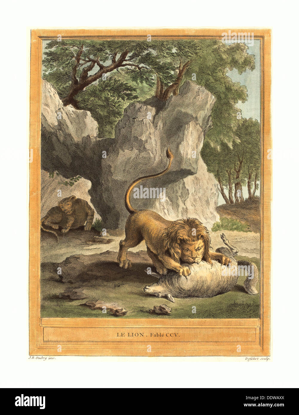 A.-J. de Fehrt nach Jean-Baptiste Oudry (Französisch, geboren 1723), Le Lion (der Löwe), 1759, handkolorierten veröffentlichte Radierung Stockfoto A.-J. de Fehrt nach Jean-Baptiste Oudry (Französisch, geboren 1723), Le Lion (der Löwe), 1759, handkolorierten veröffentlichte Radierung Stockfoto